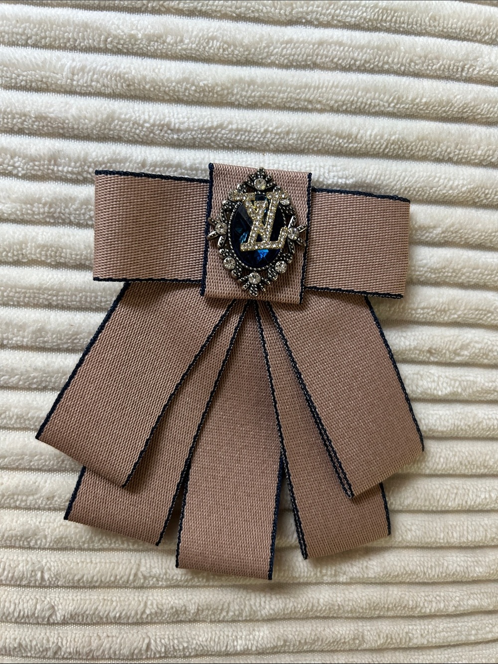 Brown & Black Ribbon Bow Brooch with Crystal Crest Accent. 4 3/4” - 3 3/4”.